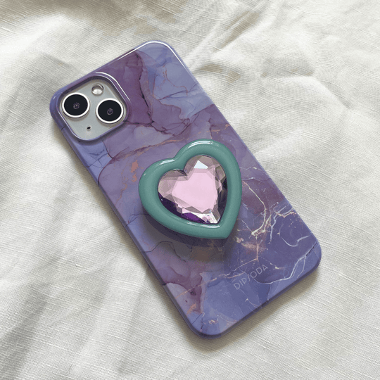 Green & Purple Heart Crystal Phone Grip