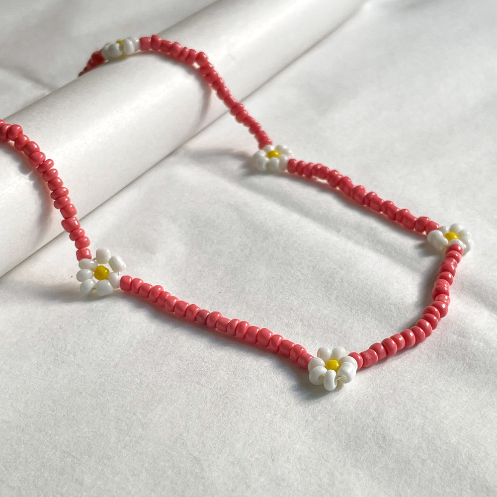 Coral Daisy Bead Necklace